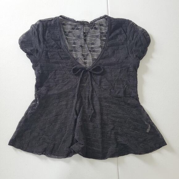 Y2K 90s Whimsigoth Goth Shirt Womens Medium Black Sheer Lace V Neck Tie Front - Picture 1 of 9